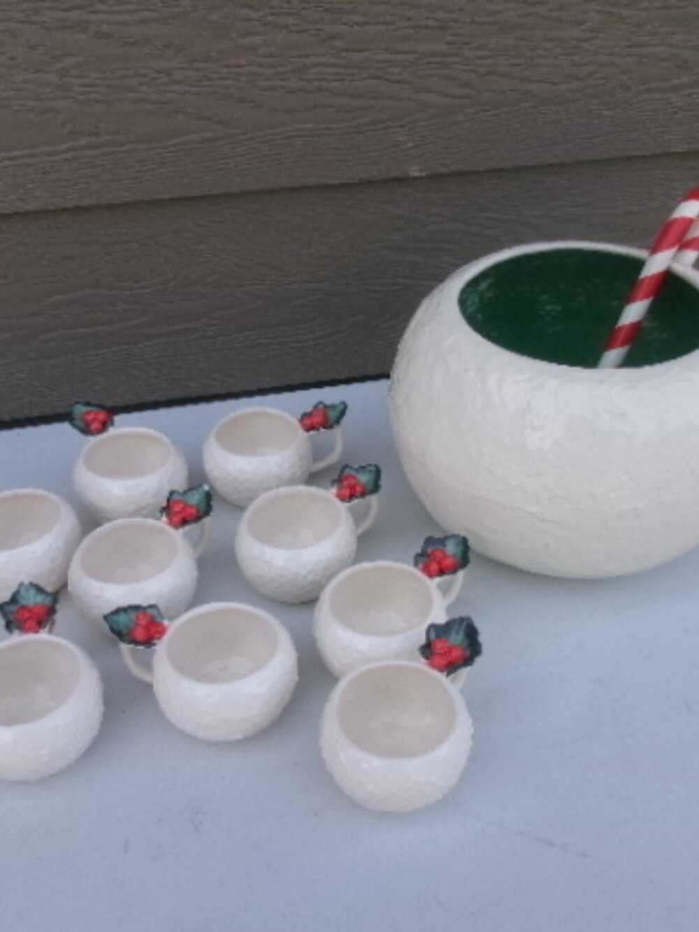 Vtg Riddell Cal pottery 50s signed snowball punchbowl set - Picture 2 of 11